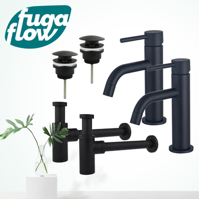 FugaFlow Eccelente Sobrado Badkamer Slim Wastafelkraanset - voor dubbele wastafel - lage wastafelkraan - klikwaste plug - design sifon - Mat zwart -