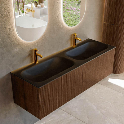 MONDIAZ KURVE 140cm badmeubel kleur Walnut met 2 lades. Wastafel BIG SMALL dubbel 2 kraangaten Urban.