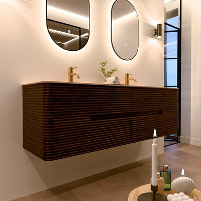 Mondiaz CIRO-DLUX Badkamermeubelset - 160x45x50cm - Solid surface wastafel Saba - 2 wasbak Dubbel - 2 kraangaten - 4 lades - Walnut