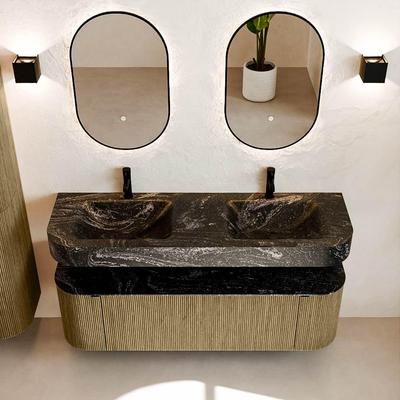 MONDIAZ THOR-DLUX 150cm meuble de salle de bains arrondi gauche + droite couleur Dusk avec 1 tiroir et 2 portes. Vasque suspendue CLOUD Double 2 trous de robinet couleur Lava.