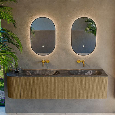 Mondiaz KURVE-DLUX Ensemble meuble de salle de bains - 175x46x40cm - 2 tiroirs - 1 porte - vasque solid surface - double / droite - sans trou de robinet - Dusk