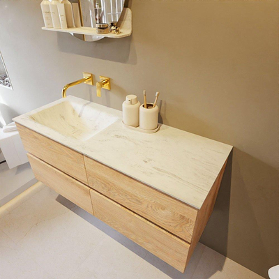 Mondiaz VICA-DLUX ensemble de meuble de salle de bain - 120cm - meuble sous-vasque chêne blanchi - 4 tiroirs - lavabo encastré cloud gauche - sans trous de robinet - version haute de 60cm - opalo