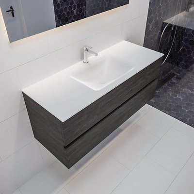 MONDIAZ VICA Ensemble de meuble salle de bain - 120cm - 2 tiroirs - lavabo Cloud au centre - 1 trou de robinet - solid surface marron foncé