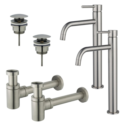 FugaFlow Eccelente Sobrado Slim Kit robinet lavabo - pour double vasque - robinet rehaussé - bonde clic clac - siphon design bas - PVD