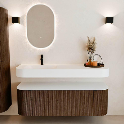 MONDIAZ THOR 140cm meuble de salle de bains arrondi gauche + droite couleur Walnut avec 1 tiroir et 2 portes. Vasque suspendue CLOUD gauche 1 trou de robinet couleur Talc.