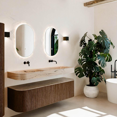 MONDIAZ THOR-DLUX 160cm meuble de salle de bains arrondi gauche + droite couleur Walnut avec 1 tiroir et 2 portes. Vasque suspendue CLOUD Double sans trou de robinet couleur Arena.