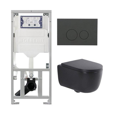 QeramiQ Dely Swirl Toiletset - 36.3x51.7cm - Geberit UP320 inbouwreservoir - met Burda frame - slim zitting - bedieningsplaat mat antraciet - ronde knoppen - mat zwart