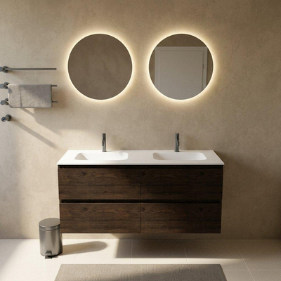 Saniclass Holz Pure Ensemble de meuble de salle de bains - 140x45x61.5cm - Vasque Flow en solid surface blanc - 2 vasques - 2 trous de robinet - 4 tiroirs - chêne charcoal mat (bois)