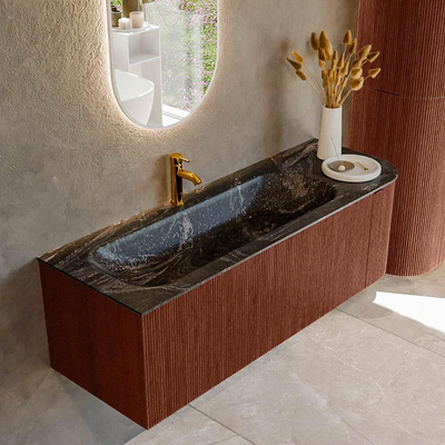 Mondiaz KURVE-DLUX Ensemble de meuble de salle de bains - 135x46x40cm - 1 tiroir - 1 porte - lavabo solid surface - gauche - 1 trou de robinet - Ruby