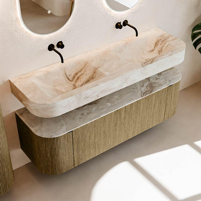 MONDIAZ THOR-DLUX 150cm meuble de salle de bains arrondi gauche + droite couleur Dusk avec 1 tiroir et 2 portes. Vasque suspendue CLOUD Double sans trou de robinet couleur Frappe.