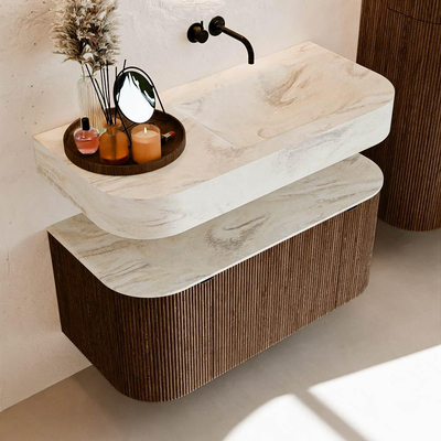 MONDIAZ THOR-DLUX 100cm badmeubel ronding links + rechts kleur Walnut met 1 lade en 2 deuren. Vrijhangende wastafel CLOUD Rechts zonder kraangat kleur Ostra.