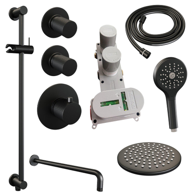 Ensemble de douche pluie Brauer Black Carving encastré - douche principale 20 cm - bras mural - glissière - avec partie encastrable - 3 boutons Carving - douchette ronde 1 fonction - noir mat