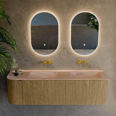 MONDIAZ KURVE-DLUX meuble de salle de bains 155cm arrondi à gauche couleur Dusk avec 2 tiroirs et 1 porte. Lavabo LEAF Double / Droite sans trou de robinet Saba.