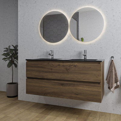 Saniclass Chaci Ensemble meuble de salle de bains - 120x46x55cm - lavabo céramique noir - 2 vasques - 2 trous de robinet - 2 tiroirs - noyer (bois)