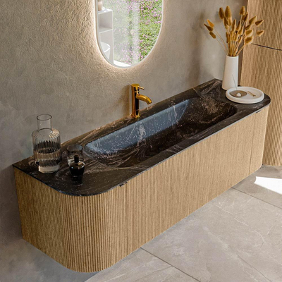 MONDIAZ KURVE-DLUX 150cm badmeubel met module 25 Len R kleur Oak met 1 lade en 2 deuren. Wastafel BIG MEDIUM midden 1 kraangat kleur Lava.