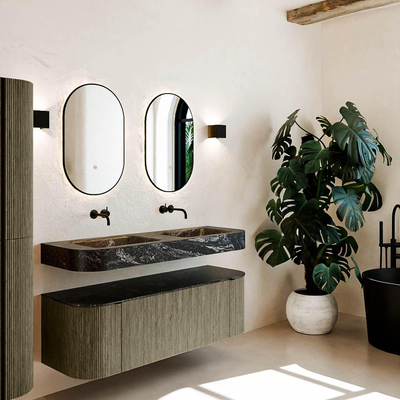 MONDIAZ THOR-DLUX 140cm meuble de salle de bains arrondi gauche + droite couleur Shadow avec 1 tiroir et 2 portes. Vasque suspendue CLOUD Double sans trou de robinet couleur Lava.