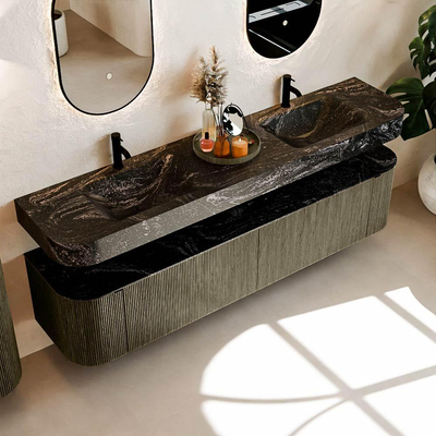 MONDIAZ THOR-DLUX 200cm meuble de salle de bains arrondi gauche + droite couleur Shadow avec 2 tiroirs et 2 portes. Vasque suspendue CLOUD Double 2 trous de robinet couleur Lava.