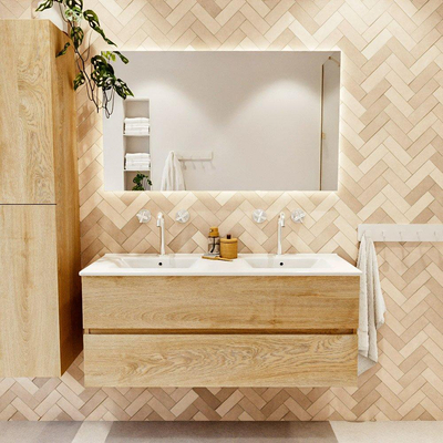 MONDIAZ VICA 120cm badmeubel onderkast Washed Oak 2 lades. Wastafel DENIA dubbel 2 kraangaten, kleur Glanzend Wit.