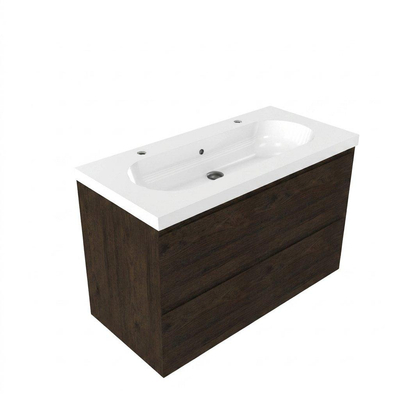 Saniclass Holz Pure Ensemble de meubles de salle de bains - 100x45x63.5cm - lavabo Palermo en céramique blanc - 1 vasque - 2 trous de robinetterie - 2 tiroirs - chêne charcoal mat (bois)