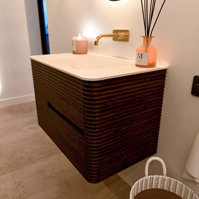 Mondiaz CIRO-DLUX Badkamermeubelset - 80x45x50cm - Solid surface wastafel Meli - 1 wasbak Midden - zonder kraangaten - 2 lades - Walnut