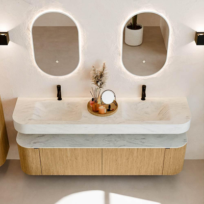 MONDIAZ THOR-DLUX 180cm badmeubel ronding links + rechts kleur Oak met 2 lades en 2 deuren. Vrijhangende wastafel CLOUD Dubbel 2 kraangaten kleur Opalo.