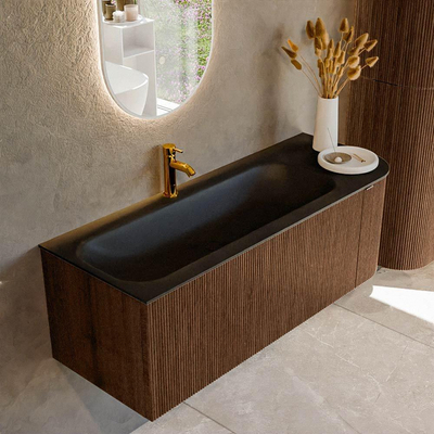 MONDIAZ KURVE 125cm badmeubel met module 25 R kleur Walnut met 1 lade en 1 deur. Wastafel BIG MEDIUM links 1 kraangat Urban.