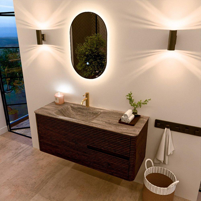 Mondiaz CIRO-DLUX Meuble de salle de bains - 120x45x50cm - Plan vasque solid surface Oza - 1 vasque à gauche - 1 trou de robinet - 2 tiroirs - Noyer