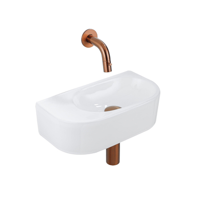QeramiQ Fuente pack lave-mains – demi-rond – 40 x 21,5 x 12 cm – céramique blanc brillant – robinet cuivre brossé