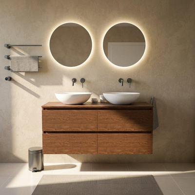 Saniclass Holz Pure Ensemble meuble de salle de bains - 140x45x62cm - plan de travail en bois - sans trou de robinetterie - 4 tiroirs - walnut pure mat (bois)