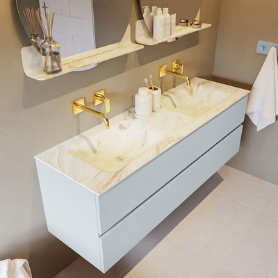 Mondiaz VICA-DLUX ensemble de meuble de salle de bain - 150cm - meuble sous-vasque argile - 2 tiroirs - lavabo encastré nuage double - sans trous de robinet - version haute de 60cm - frape