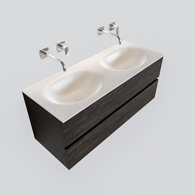 MONDIAZ VICA Ensemble de meuble salle de bain - 120cm - 2 tiroirs - lavabo Moon double - 0 trous de robinet - solid surface marron foncé