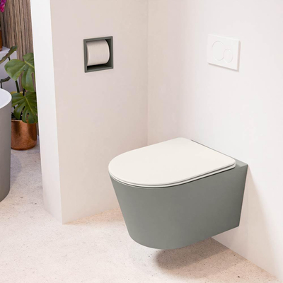 Mondiaz LAVIE hangtoilet – spoelrandloos – 36 x 53 cm – met softclose zitting – Smoke (lichtbruin), zitting Linen (offwhite)
