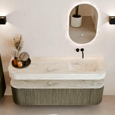 MONDIAZ THOR-DLUX 160cm meuble de salle de bains arrondi gauche + droite couleur Shadow avec 1 tiroir et 2 portes. Vasque suspendue CLOUD Droite sans trou de robinet couleur Ostra.