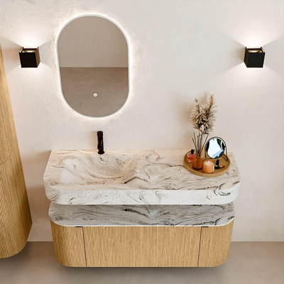 MONDIAZ THOR-DLUX 130cm badmeubel ronding links + rechts kleur Oak met 1 lade en 2 deuren. Vrijhangende wastafel CLOUD Links 1 kraangat kleur Glace.