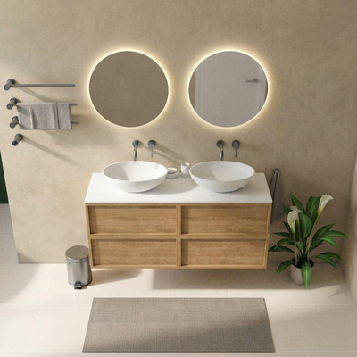 Saniclass Holz Frame Ensemble meuble de salle de bains - 140x45x62.5cm - plan de travail Torino en solid surface blanc - sans trou de robinet - 4 tiroirs - chêne natural mat (bois)