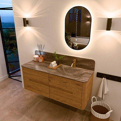 Mondiaz CIRO-DLUX Ensemble de meubles de salle de bains - 130x45x50cm - Plan-vasque Solid Surface Oza - 1 lavabo à droite - 1 trou de robinet - 4 tiroirs - Chêne