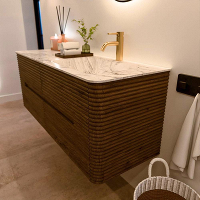Mondiaz CIRO-DLUX Badkamermeubelset - 130x45x50cm - Solid surface wastafel Glace - 1 wasbak Rechts - 1 kraangat - 4 lades - Dusk