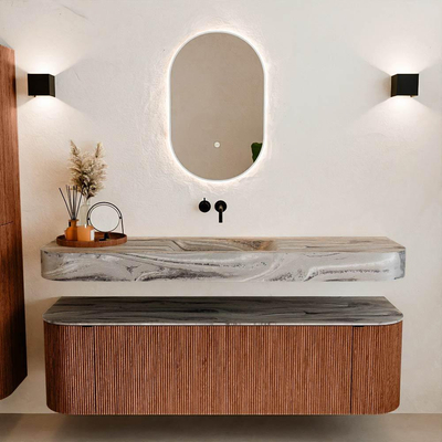 MONDIAZ THOR-DLUX 160cm meuble de salle de bains arrondi gauche + droite couleur Ruby avec 1 tiroir et 2 portes. Vasque suspendue CLOUD Milieu sans trou de robinet couleur Sombra.