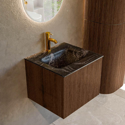 MONDIAZ KURVE-DLUX 50cm badmeubel kleur Walnut met 1 lade. Wastafel GRUNNE midden 1 kraangat kleur Lava.