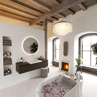 MONDIAZ BUKLA meuble de salle de bain 140cm avec module 40 couleur Marron Foncé avec 3 tiroirs. Lavabo CLOUD milieu 0 trous de robinet couleur Talc.
