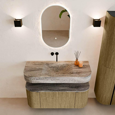 MONDIAZ THOR-DLUX 110cm meuble de salle de bains arrondi gauche + droite couleur Dusk avec 1 tiroir et 2 portes. Vasque suspendue CLOUD Centre sans trou de robinet couleur Oza.