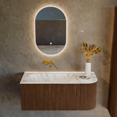 MONDIAZ KURVE-DLUX meuble de salle de bains 105cm avec module 25 R couleur Walnut avec 1 tiroir et 1 porte. Vasque BIG SMALL gauche sans trou de robinet couleur Glace.