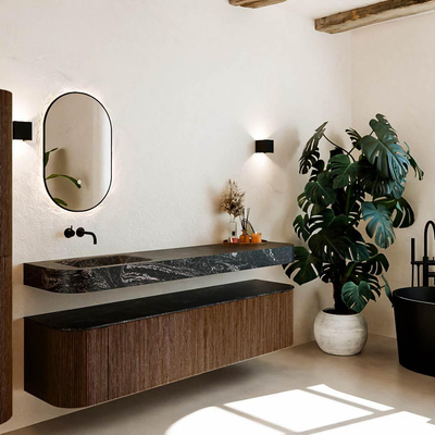 MONDIAZ THOR-DLUX 190cm badmeubel ronding links + rechts kleur Walnut met 2 lades en 2 deuren. Vrijhangende wastafel CLOUD Links zonder kraangat kleur Lava.