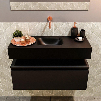 MONDIAZ ANDOR Meuble WC - 80x30x30cm - 0 trous de robinet - 1 tiroir - urban mat - lavabo central - Solid surface - Noir