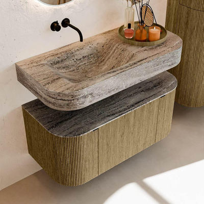 MONDIAZ THOR-DLUX 100cm meuble de salle de bains arrondi gauche + droite couleur Dusk avec 1 tiroir et 2 portes. Vasque suspendue CLOUD Gauche sans trou de robinet couleur Oza.