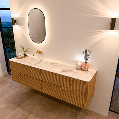 Mondiaz CIRO-DLUX Badkamermeubelset - 180x45x50cm - Solid surface wastafel Frappe - 1 wasbak Links - zonder kraangaten - 4 lades - Oak