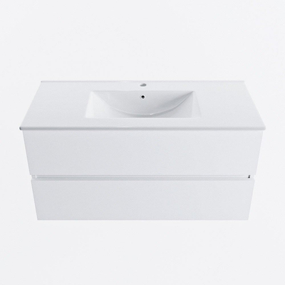 MONDIAZ VICA 100cm meuble sous lavabo Talc 2 tiroirs. Lavabo DENIA centre 1 trou de robinet, couleur Blanc Brillant.