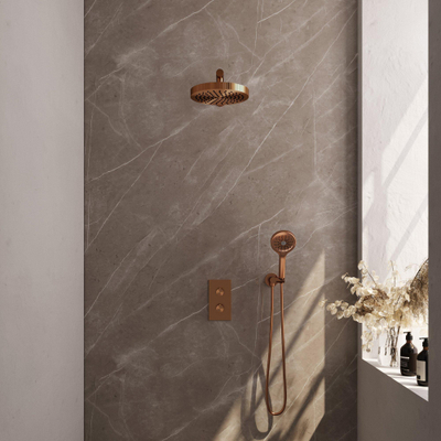 BRAUER Stripe Douche de pluie encastrée thermostatique - 3 voies - rectangulaire - pomme de douche 25 cm - bras mural droit - douchette 3 jets - flexible de douche - coude de sortie mural - cuivre brossé PVD