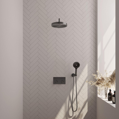 BRAUER Stripe Thermostatische Inbouw Regendouche - drukknoppen - 25cm douchekop - gebogen muurarm - 3-standen handdouche - doucheslang - wandaansluitbocht - gunmetal geborsteld PVD