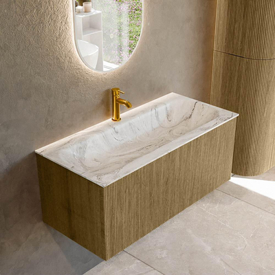 Mondiaz KURVE-DLUX Badkamermeubelset - 100x46x40cm - 1 lade - wastafel solid surface - midden - 1 kraangat - Dusk